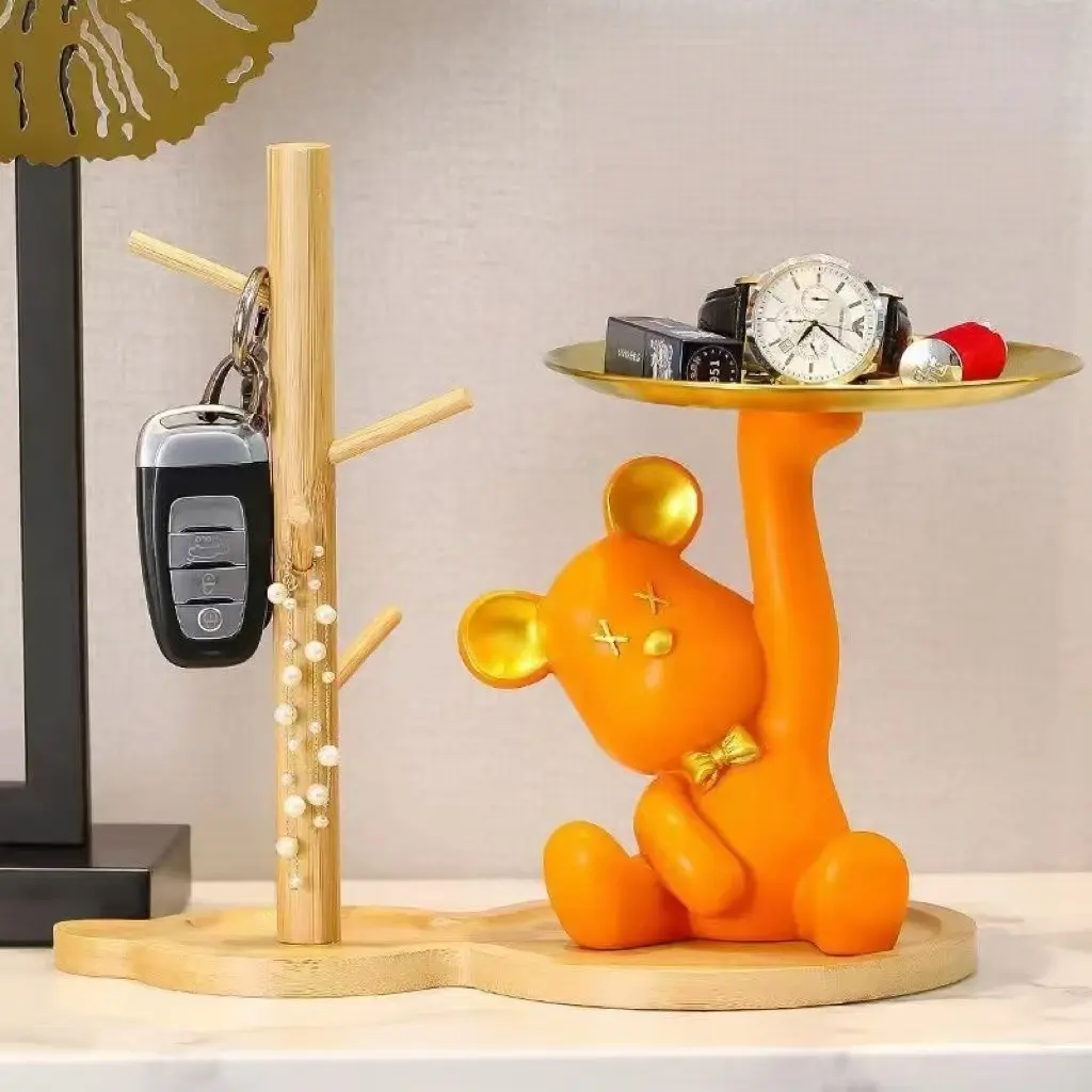 Adorable Resin Bear Ornament with Metal Tray, Modern Cartoon Bear Desk Decor, Key Jewelry Candy Organizer, High-Value Home Decoration