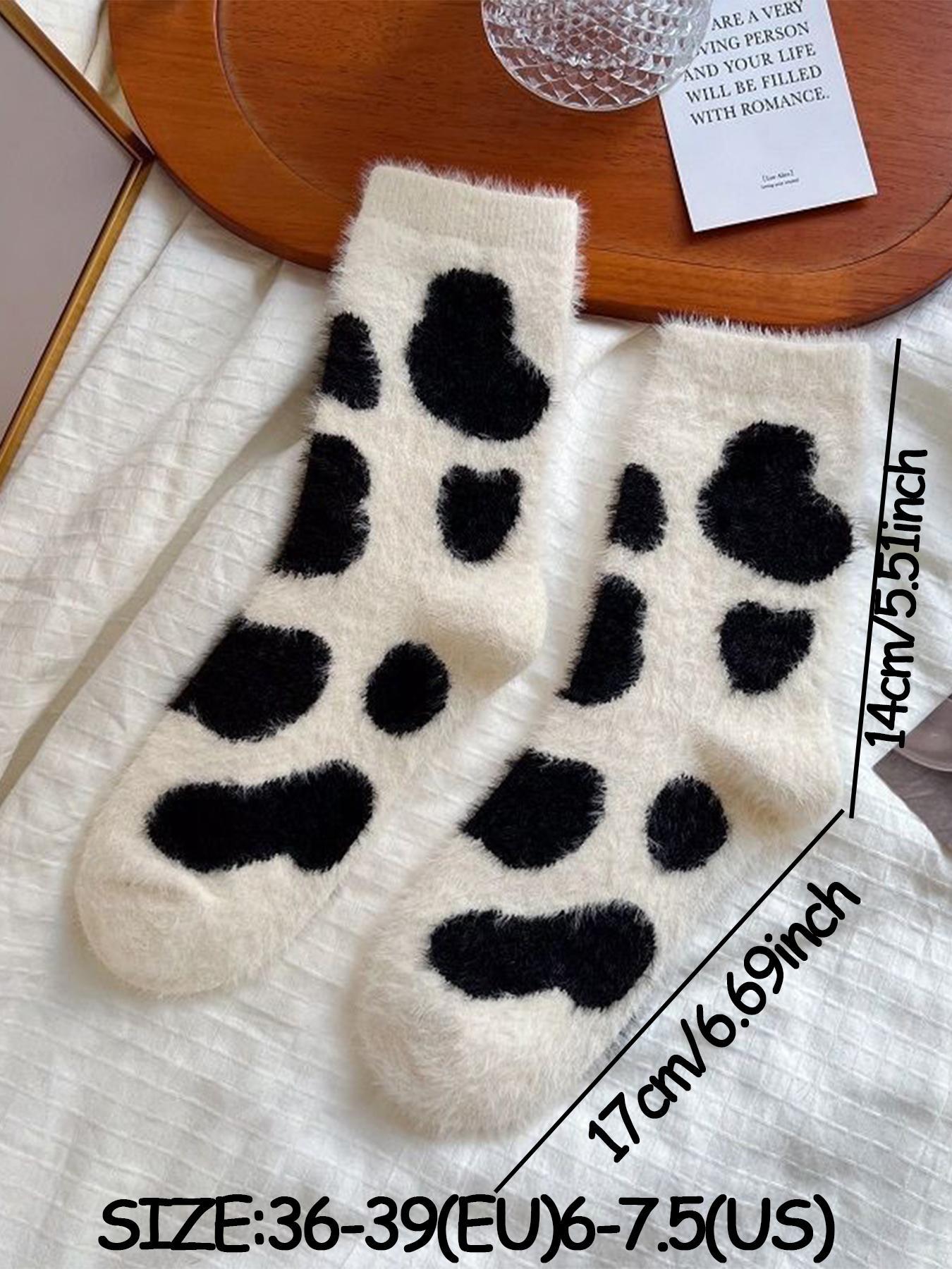 Women's Cow Print Fuzzy Mid Calf Socks, Cute Warm Crew Socks for Daily Wear, Casual Comfy Hosiery for Fall & Winter, Trendy Matching Jacquard Knitting Socks