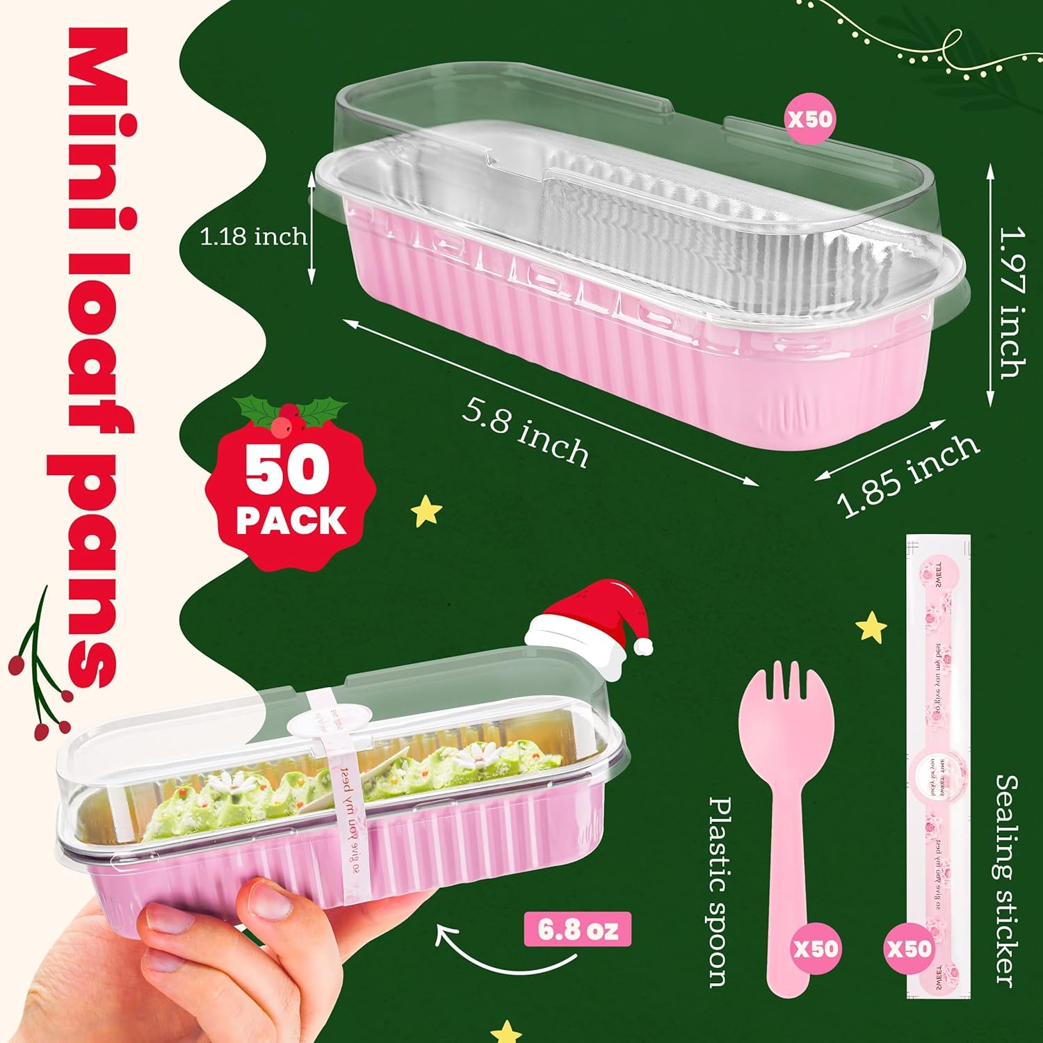 50 PACK Mini Cake Pans with  and Spoons,Rectangular  Foil Bread Pan,Mini Loaf Pans and  Containers with (,6.8oz)