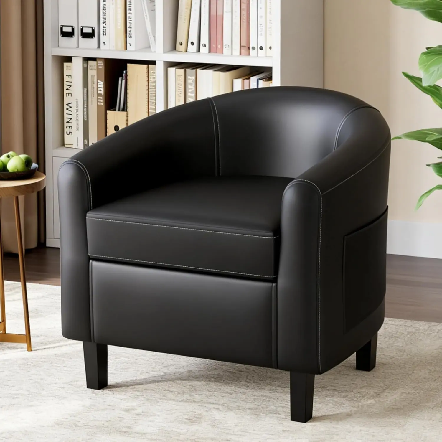 Faux Leather Barrel Accent Chair with Removable Cushion, Modern U Shaped Ergonomic Single Sofa Chair for Living Room Bedroom Home Office, Comfortable Padded Armchair with Washable Zipper Cover for Small Space