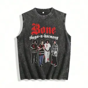 Men's Y2K Vintage Distressed Charcoal Sleeveless Vest - Bone Thugs-N-Harmony 90s Rap Band Tribute Graphic With Ea Zy-E, Layzie, Bizzy & Krayzie Bone Silhouettes, Super Soft & Breathable Retro Hip-Hop Streetwear Gift VS003-A
