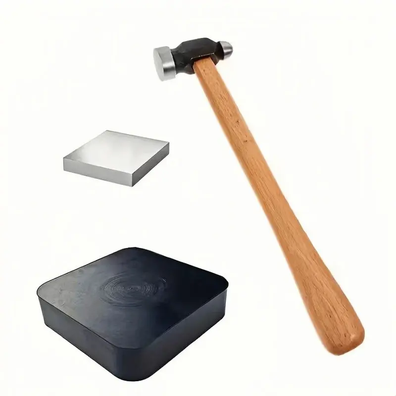 Hammer with Wooden Handle and Round Head for Metal Stamping and Jewelry Repair, Shock-Absorbing Rubber Block, Steel Square Anvil, Metal Casting Tool, Multifunctional Hammer