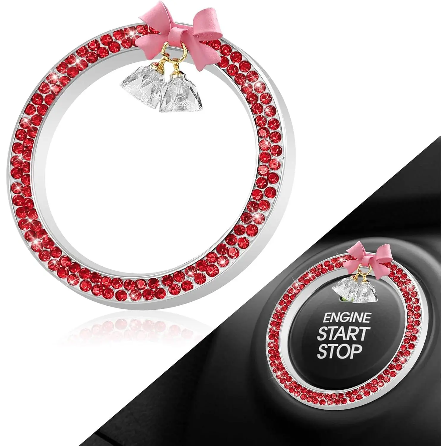 Cute Bow Bling  Engine Stop Decoration Ring, Push Start Button Cover, Rhinestone  Ring for  Buttons & Knobs, Auto Key lgnition Knob Starter Sticker for Women Girls (Red)