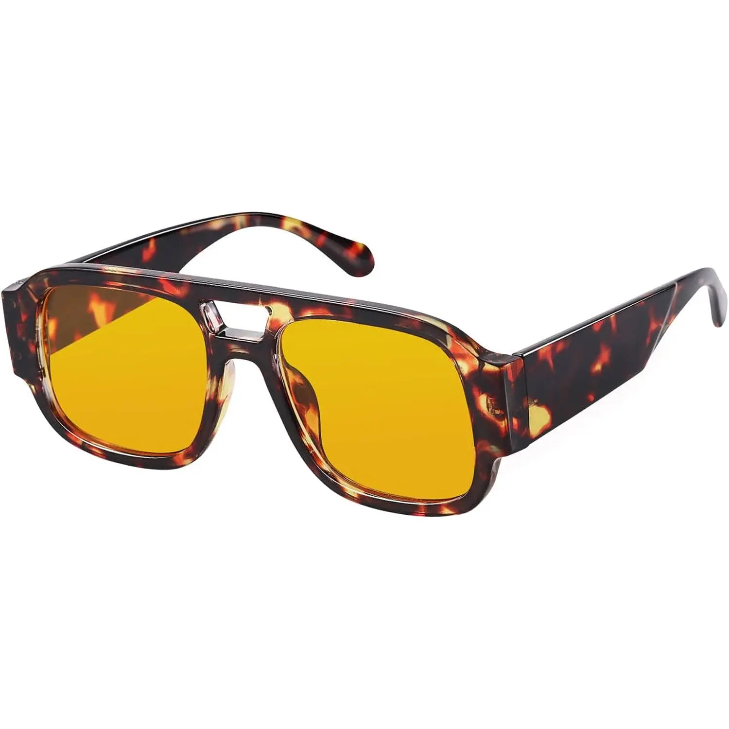 Retro  Aviator Sunglasses Women Men Square Double Bridge | Trendy Flat Top Thick Frame Sun Glasses 70s  Style, Fashion Tinted Shades, Effortless  For -Day Wear