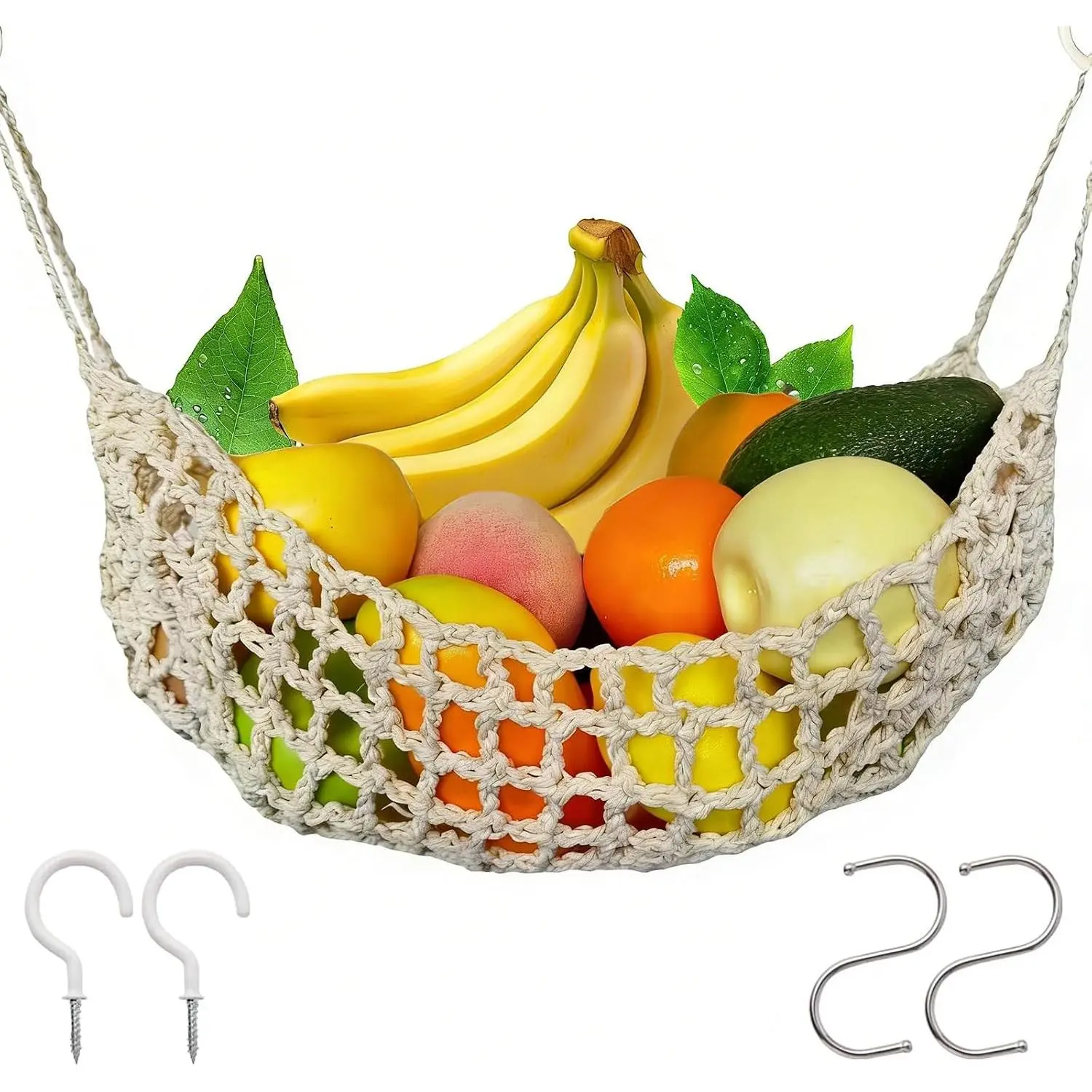 Hanging Fruit Hammock Under Cabinet, 13×16in Macrame Hanging Fruits Basket with 4 Hooks Fruit Net Banana Hammock Hanging Storage Veggie Hanger Basket for Kitchen Home Boat Rv(Beige)