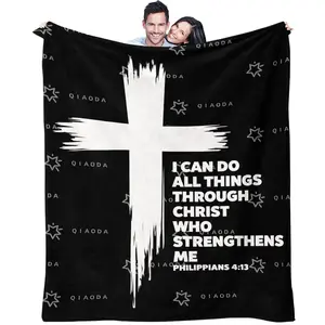 Grunge Cross & Scripture Full Print Throw Blanket, Minimal Monochrome Christian Flannel, Teen Believers Apartment Sofa Decor