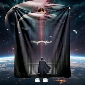 Galaxy Battle Space Scene Flannel Blanket, Futuristic Starship and Planet Illustration Print Soft Warm Cozy Lightweight Throw, Kids and Adults Air Conditioning Blanket for Bedroom Living Room Office Sofa Couch Home Decor, Summer Cozy Gift