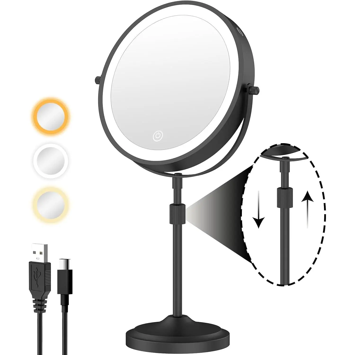 9" Tall Lighted Makeup Mirror with Lights and 1X 10X Magnification, Black | 5000mAh Rechargeable Magnifying  Mirror Height Adjustable,Light Up,3 Colors,Dimmable,Cordless,Tall Telescoping Stand