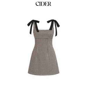 Cider Cotton-blend Square Neck Bowknot Gingham A-line Mini Dress SummerFinds