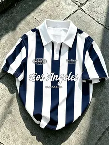 Summer Men's Patchwork Retro Vertical Stripes Short Sleeve Polo Shirt, American Vintage Streetwear Print Top, Casual and Light Business Style