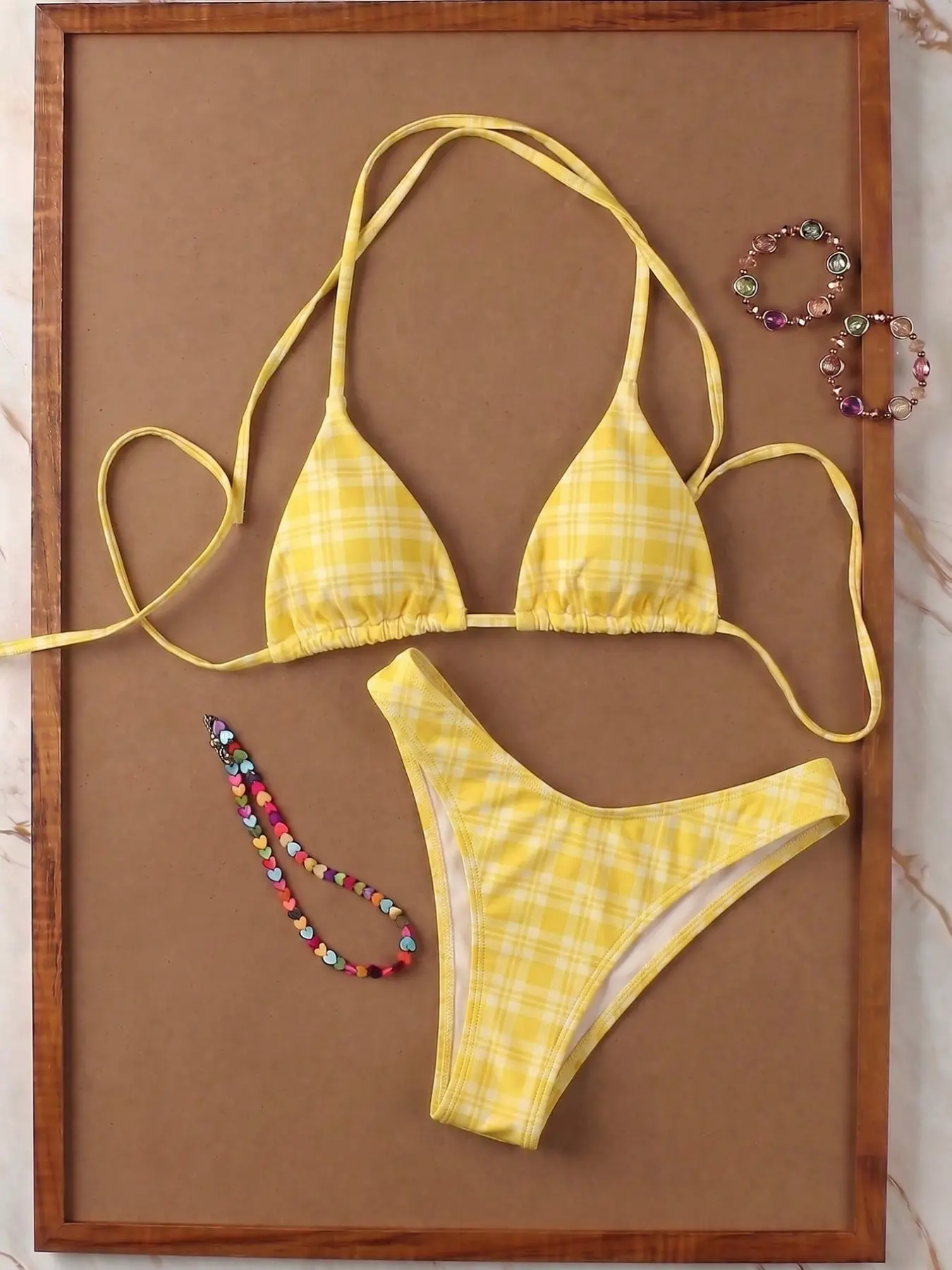 Summer Bright Plaid Bikini, Thin Halter Neck Simple High Split Pants Type, Island Separated Bikini, Casual Style, Halter Bikini Set, Bikini Beach Wear, Bikinis Sets, Plaid Print Bikini