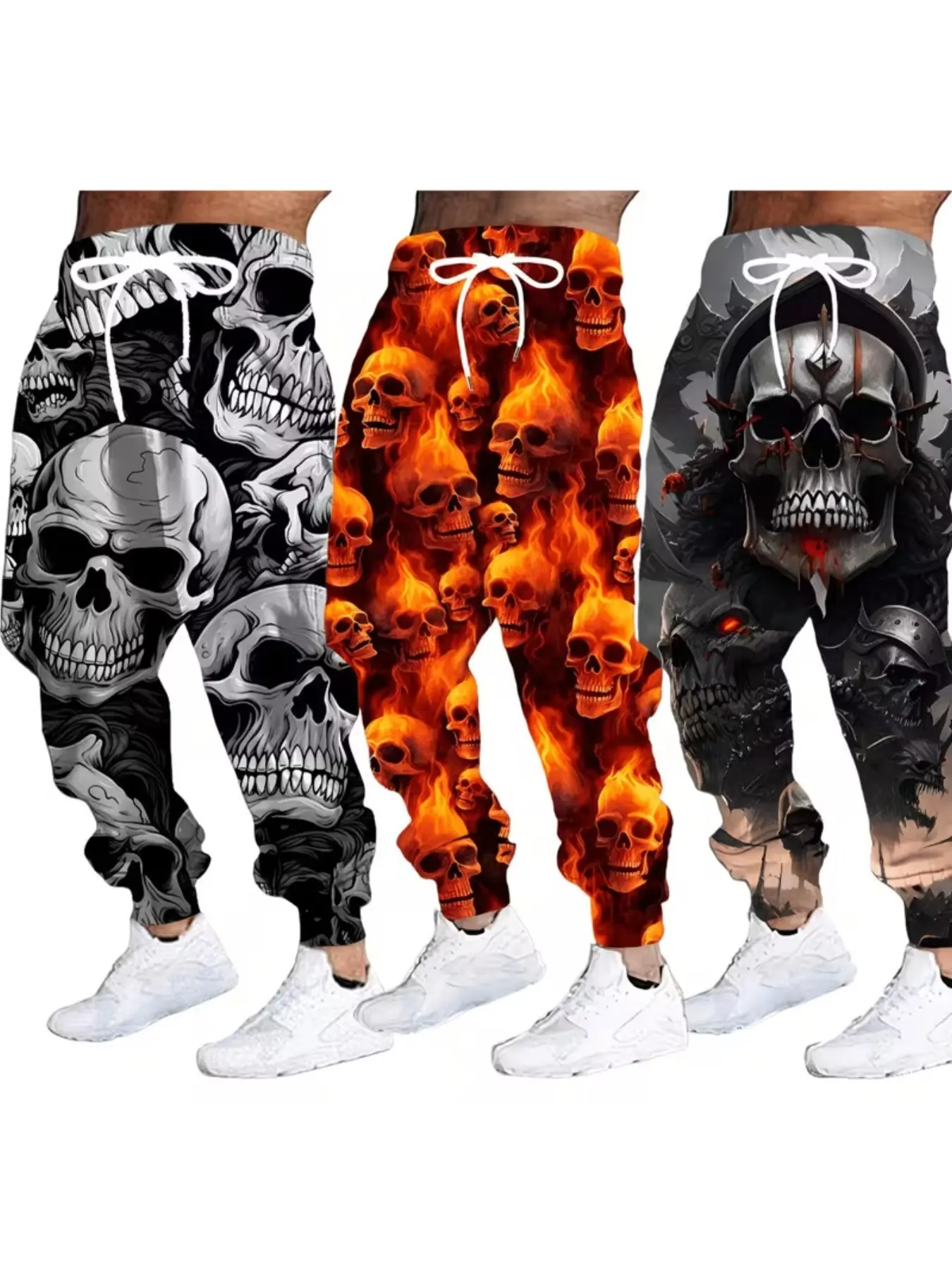 Men's Skull Print Sweatpants Set, 3D Visual Effect, Smoke, Flame, Mech Warrior Patterns, Elastic Waist, Loose Fit, Casual Fall & Winter Pants