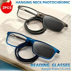 2pcs Unisex Magnetic Photochromic Reading Glasses, Easy-To-Carry Neck Strap, Adjustable Magnifying Glass, +100°-+400°, Outdoor Travel Fishing