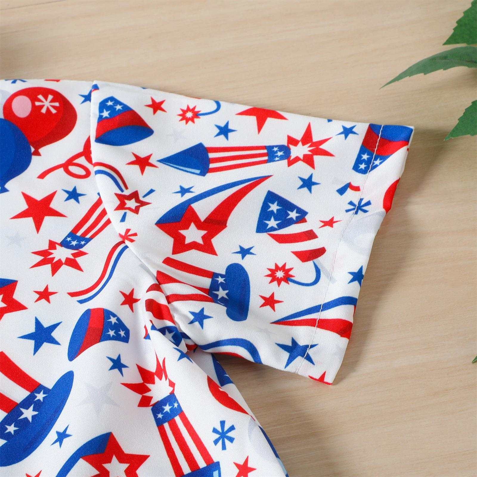 Toddler Baby Boy 4th of July Summer Outfit US Flag/Hat Print Short Sleeve Button Down Shirt and Blue Casual Shorts Set Patriotic Clothes