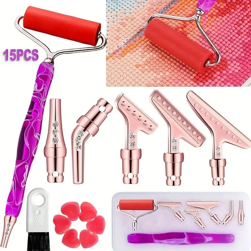 15pcs Diamond Painting Brush Set, Alloy & Metal Pointing Pens, DIY Craft Kit, Includes 5 Pen Tips, 6 Heart Clay Pads, Brush, Roller