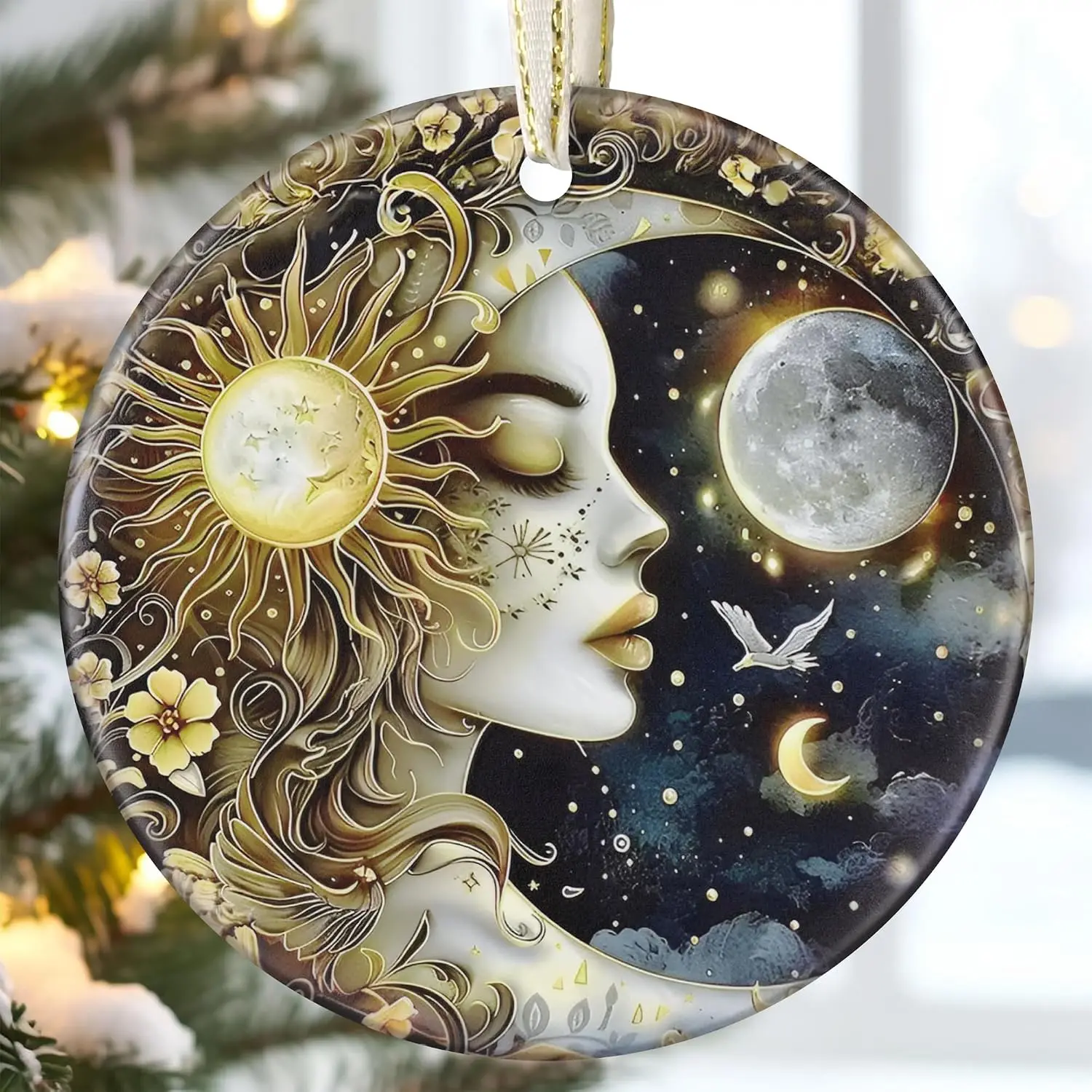 3.5" Ceramic Christmas Ornaments, Christmas Tree Ornaments, Heirloom ,  Exchange,  Idea, Bauble Present - Sun and Moon