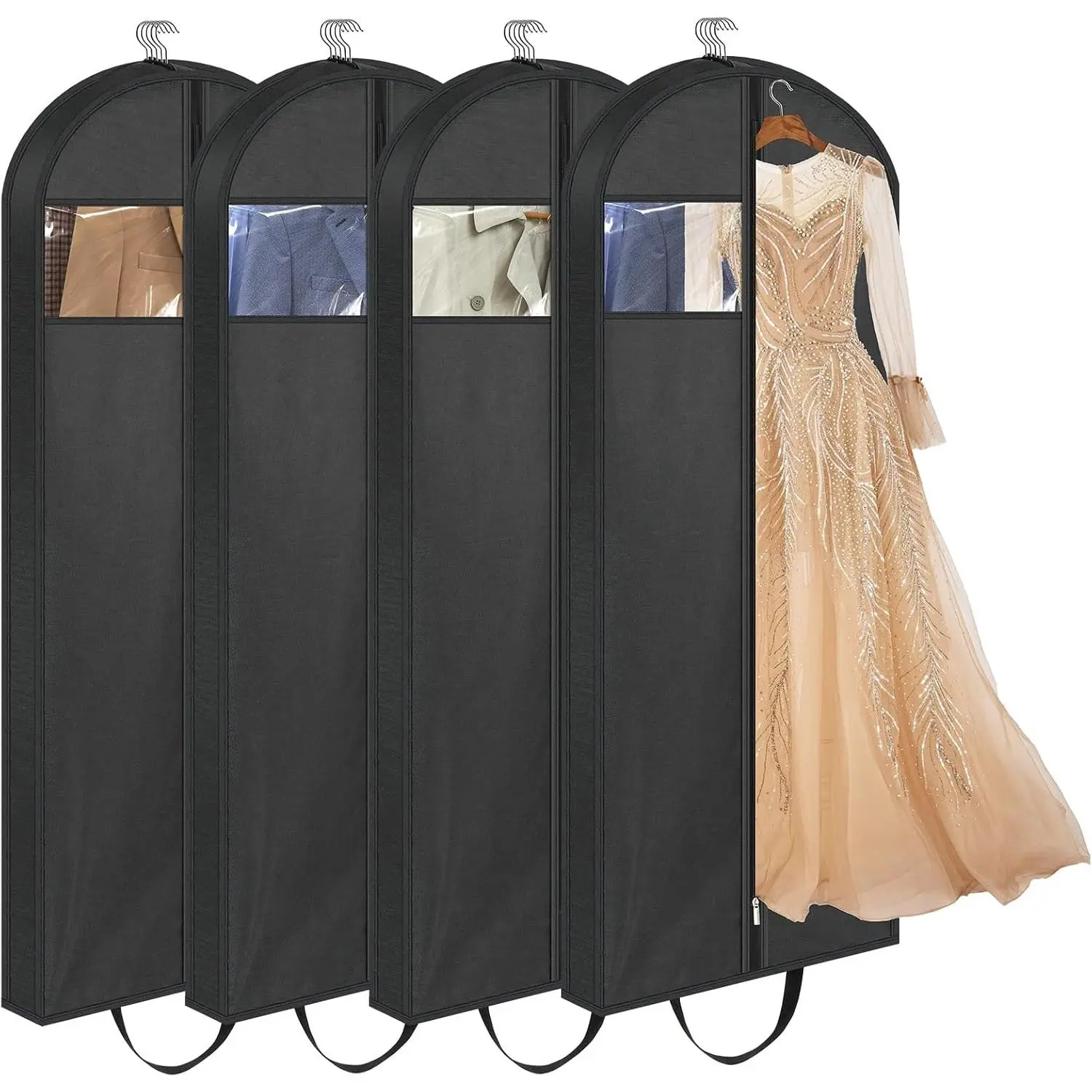 65" Long Garment Bags for Travel, Dress Bags for Hanging Clothes, Wedding Dress Cover for Women, Closet Storage for Gowns, Coats, Black, 4 Pack