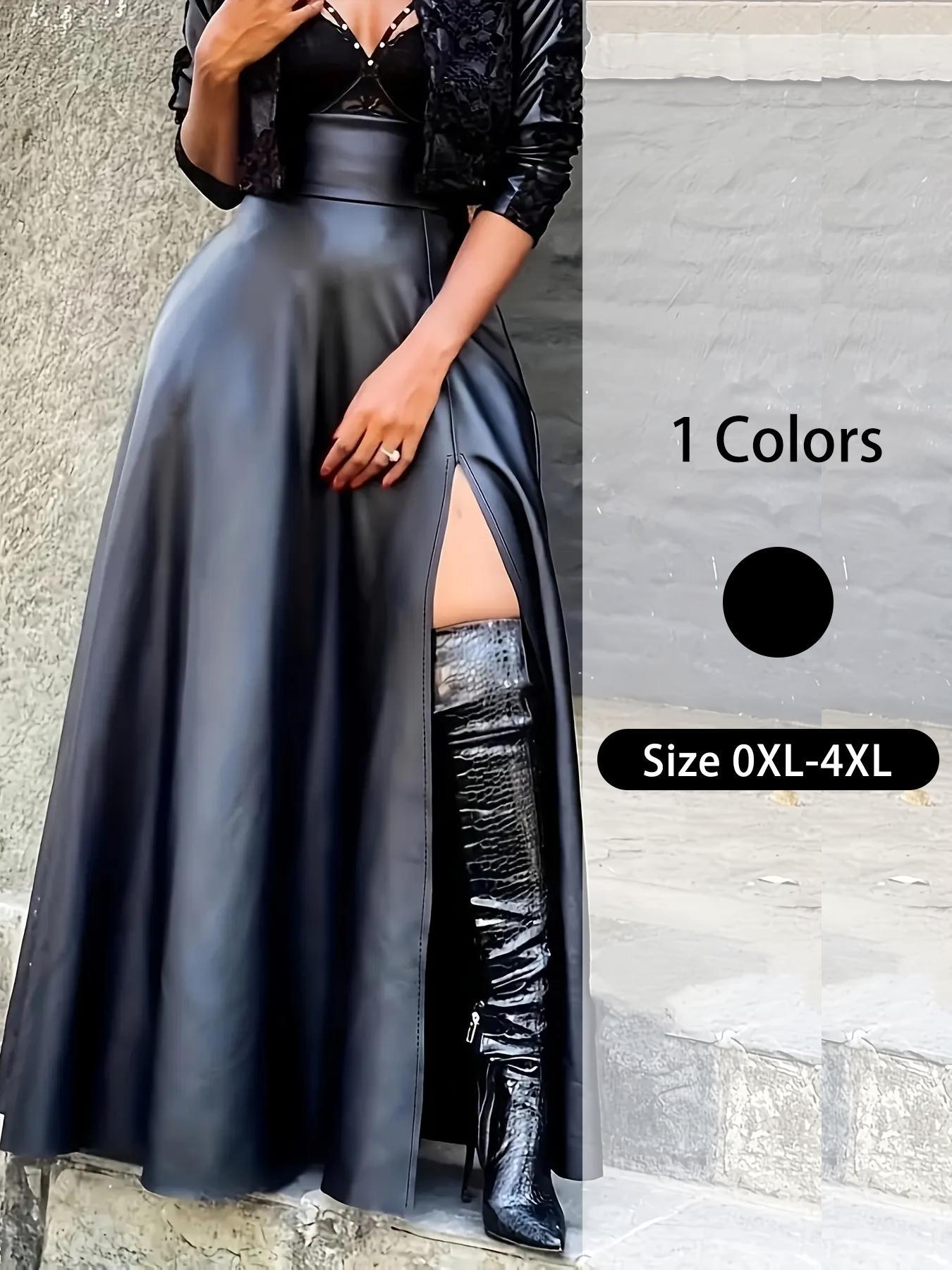 【Plus Size】 Solid Split Thigh Zipper Back Pu Leather Skirt, Elegant Casual Fashion Loose Fit High Waist Long Skirt for Party Club Dating, Women's Clothing for All Seasons, Bottom