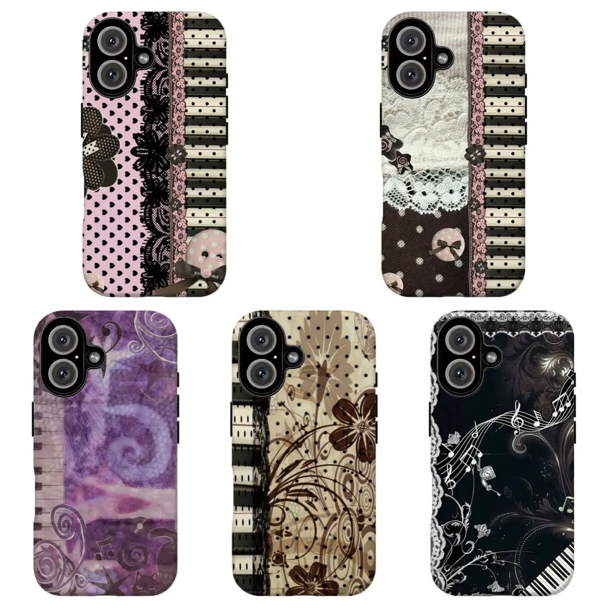 FL-Coquette Piano Lace Polka Dot Phone Case, Vintage Music Note Floral Patchwork Shockproof Protective Cover For iPhone 11 12 13 14 15 16 17 Air Pro Max for Samsung S26 S25 S24 S23 S22 S21 Case,Gift for her/him