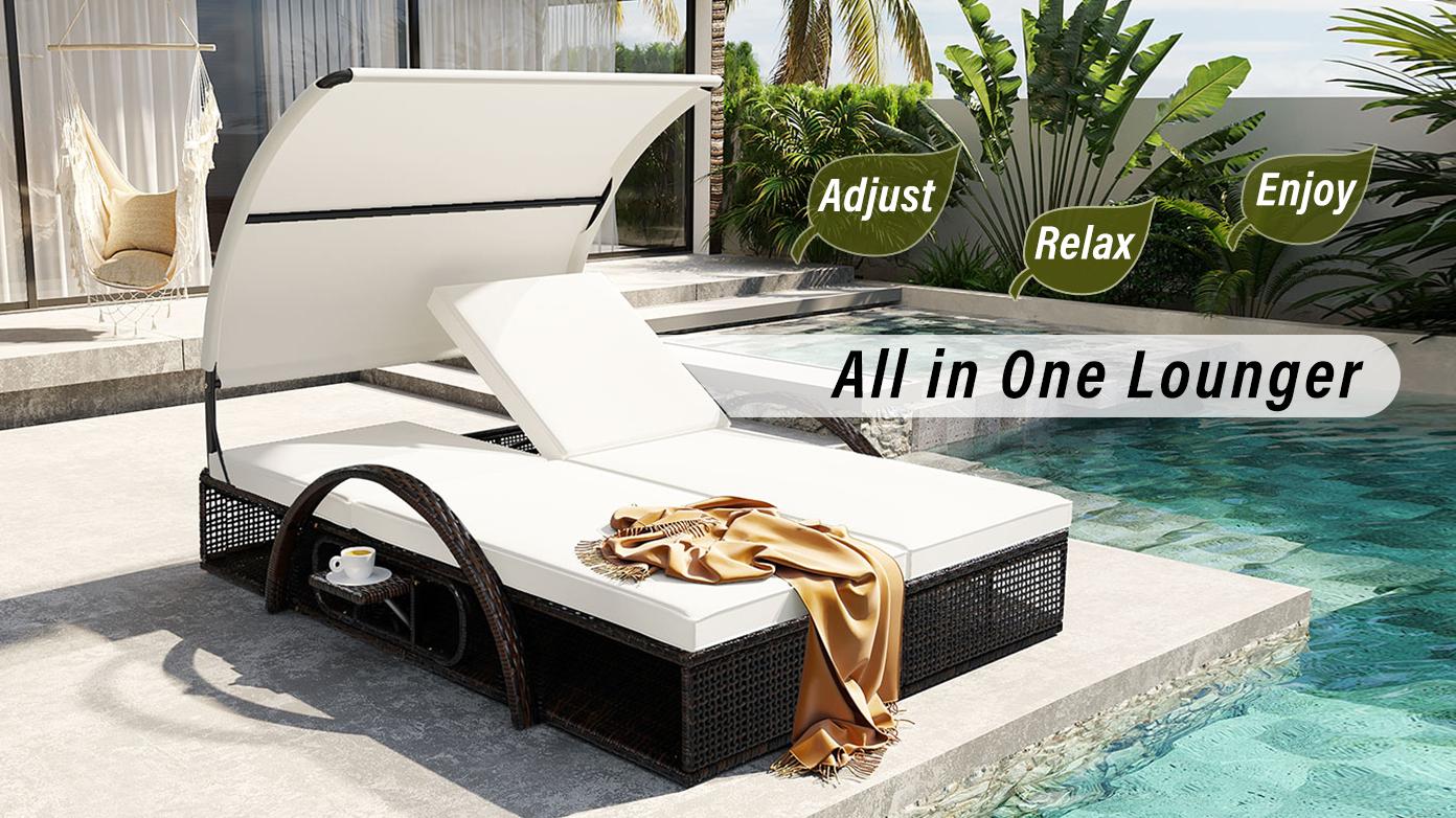 Outdoor Daybed with Curved Canopy, Patio Sunbed Lounger with Adjustable Backrest and Removable Cushion, Outdoor Loveseat Sofa with Hidden Side Table and Arched Armrests for Poolside, Beige