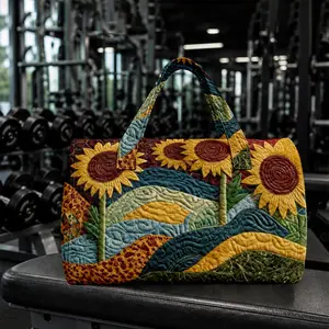 1 pc. Sunny-style quilted cylindrical tote bag with red background and sunflower/wildflower patchwork pattern. Perfect for women. Vibrant folk style. Great gift for Halloween, Thanksgiving, and Christmas.
