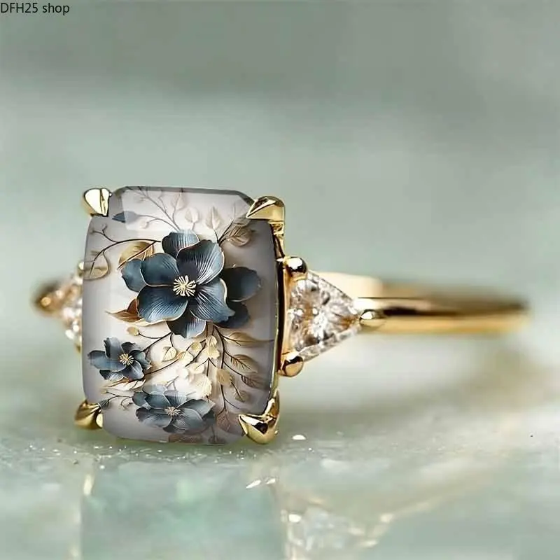 Women's Blue Floral Motif Alloy Metal Ring - Vintage Costume Jewelry with Oil Painting Effect, Square Stone, Lumina Accent for Daily Wear, Gifting