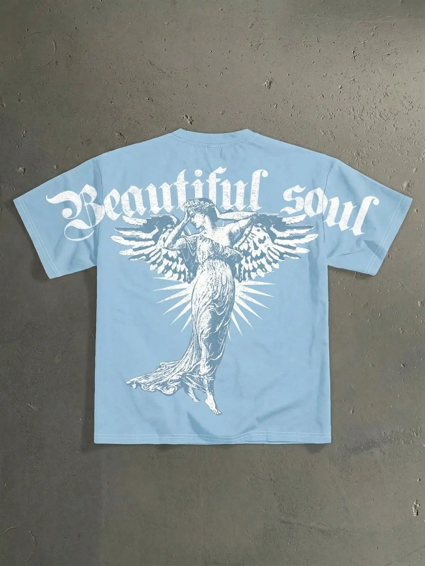 Men's Light Blue Back Print Winged Angel & Beautiful Soul Gothic Letter T-Shirt, Round Neck Short Sleeve Loose Fit Casual Vintage Streetwear Top, Retro Grunge Aesthetic Daily Wear Fashion Menswear, Casual Graphic Tee