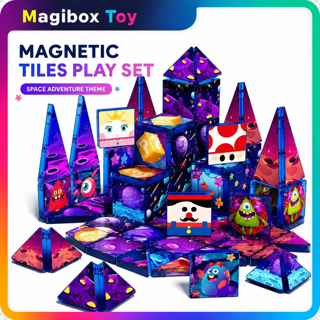 52pcs Space Magnetic Tiles Building Set, 3D Magnetic Construction Blocks, Stem Educational Toy for Kids Ages 3+, Unisex Gift