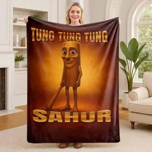 Tung Tung Tung Sahur Cartoon Character Flannel Blanket Cooling Blanket Homegoods Soft Cozy For Bedroom Living Room Sofa Couch For Ramadan Meme Lovers Muslim Community Perfect Gift Festival Gifts