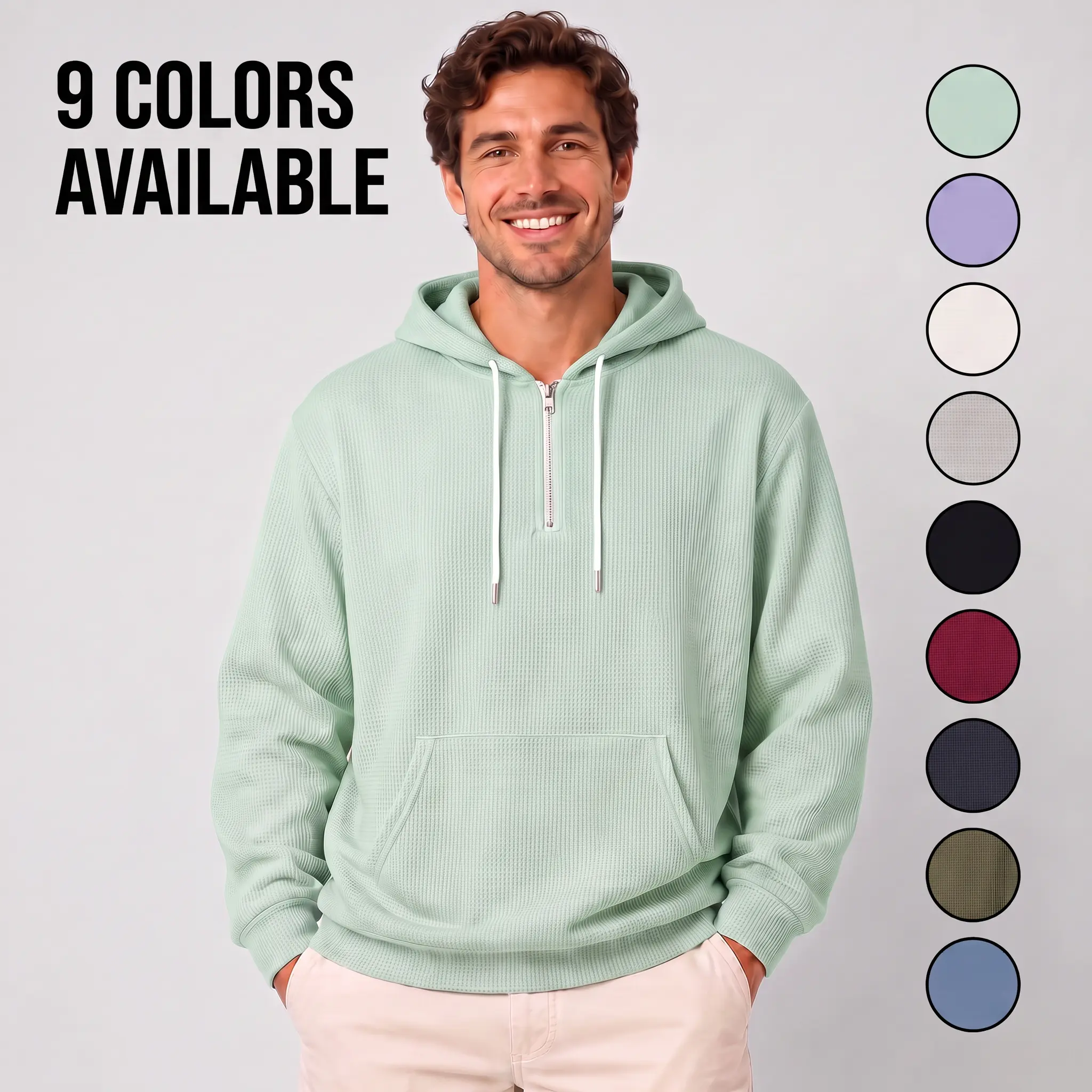 Men's Cotton Waffle Hooded Sweatshirt Long Sleeve Pullover with Side Seam Pockets Comfortable Casual Athletic Top Unisex Fall Streetwear for Campus Travel Weekend Wear Back to School Shopping Available in 9 Colors