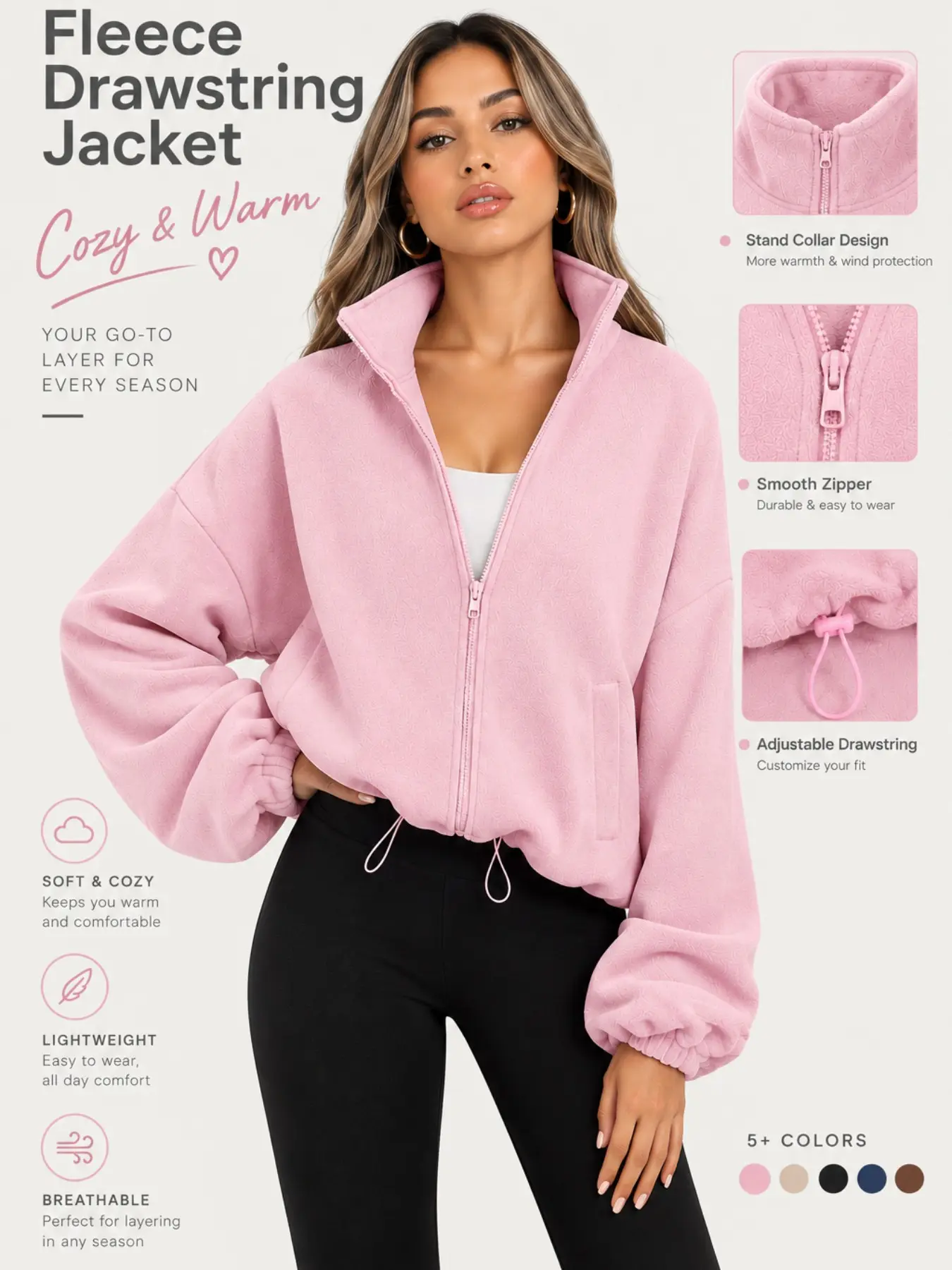 New Fall Winter Polar Fleece Short Stand Collar Jacket, Soft Texture, Drawstring Waist, Loose Fit, Zipper Closure, Side Pockets, Casual Sport Daily Wear