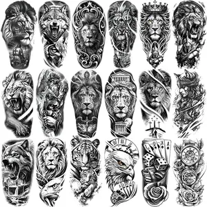 18 Animal Temporary Tattoos, Lion Tiger Eagle Poker Clock Floral Designs, Waterproof Realistic Fake Tattoos for Men Women, Party Stickers, Arm Temporary Tattoos