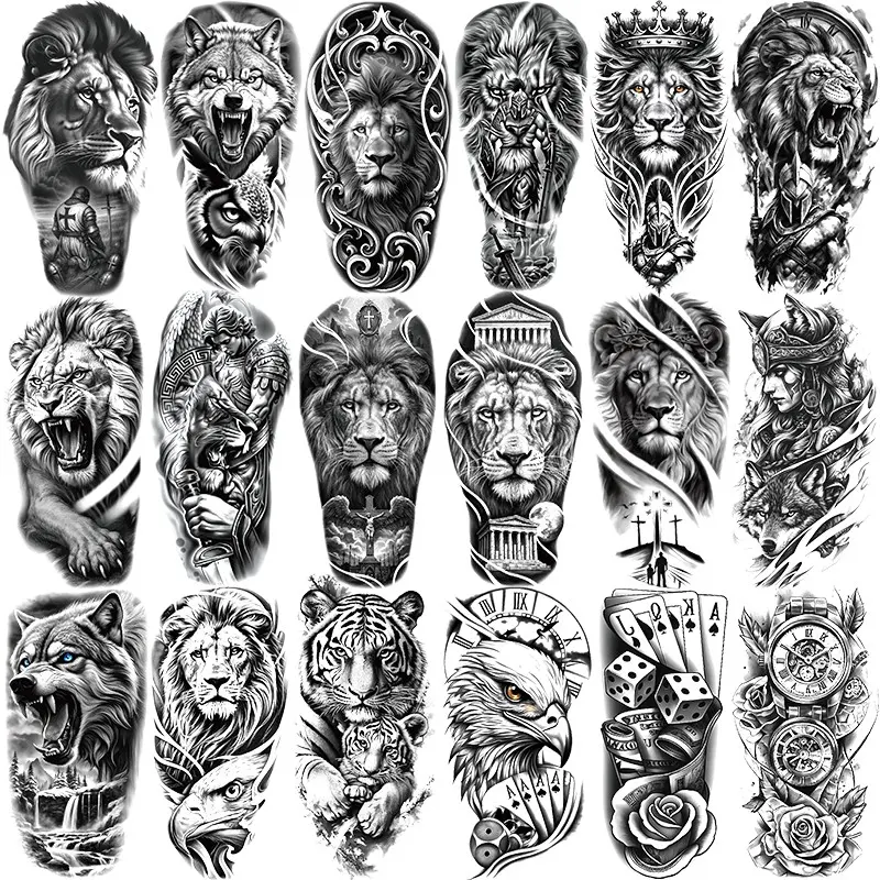 18 Animal Temporary Tattoos, Lion Tiger Eagle Poker Clock Floral Designs, Waterproof Realistic Fake Tattoos for Men Women, Party Stickers, Arm Temporary Tattoos
