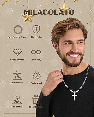 MILACOLATO Solid 925 Sterling Silver Cross Necklace for Men Women, 2mm Diamond-Cut Sterling Silver Chain with Cross Pendant Beveled Edge for Men, Silver Crucifix Cross Necklace Jewelry 16-24 Inches (Cuban Chain/Figaro Chain/Wheat Chain/Rolo Chain)