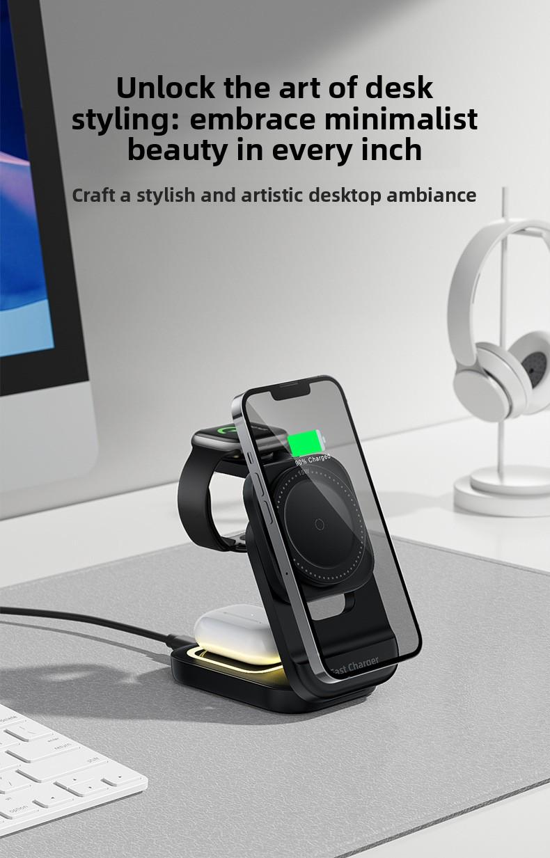 New foldable, retractable, magnetic 3-in-1 wireless charger suitable for Apple phone stand wireless charging