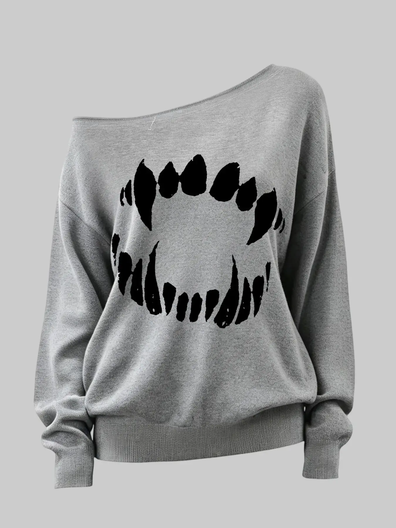 Women's Fall Winter Asymmetrical Shoulder Y2K Gothic Hoodie, Long Sleeve Tooth Print One-Shoulder Top, Fashionable Comfortable Daily Wear, Casual Choice, Baggy