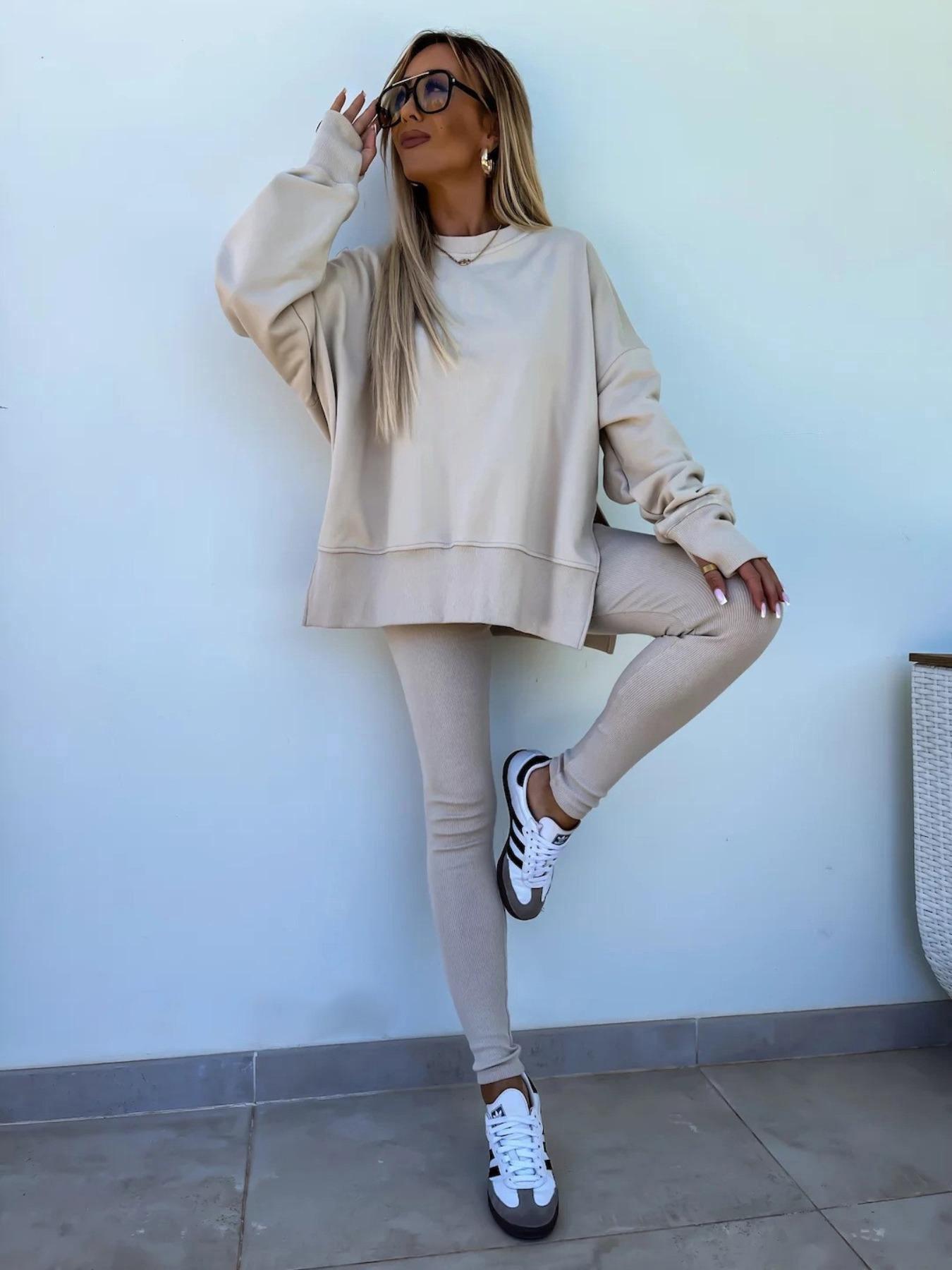 Women's Solid Color Oversized Sweatshirt & Leggings Matching Set, Casual Fashion Cozy Breathable Two-piece Outfits for Daily Outdoor Wear, Ladies Clothes for All Seasons