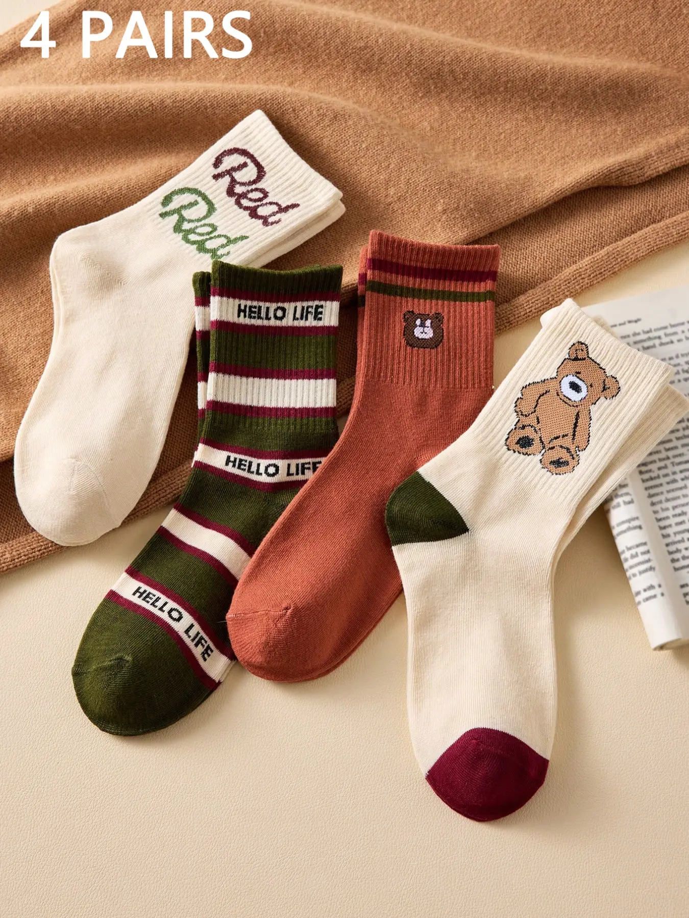 4pairs Women's Cute Teddy Bear & Striped Pattern Crew Socks, Preppy Style Retro Casual Mid-Calf Socks