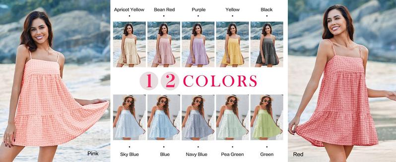 Imily Bela  Womens Cute Plaid A-line Summer Beach Dresses Spaghetti Straps Ruffle Hem Casual Mini Dress with Side Pocket