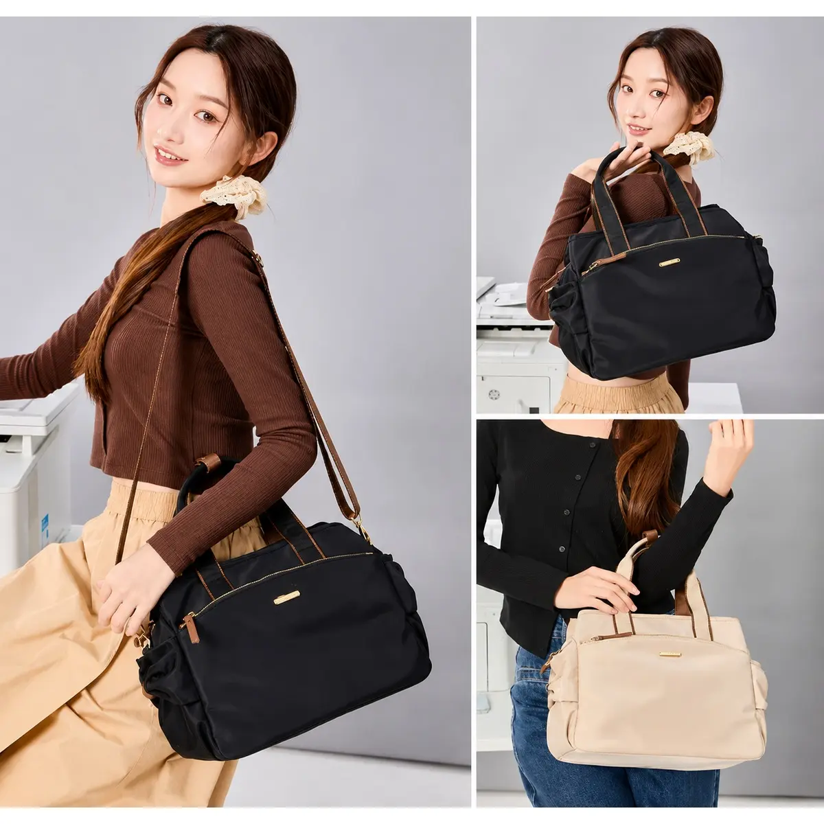 Women's 2-in-1 Canvas-Look Gym Tote Bag - Female Multi-Pocket Crossbody Handbag with Top Handles for Commuting, Office Use