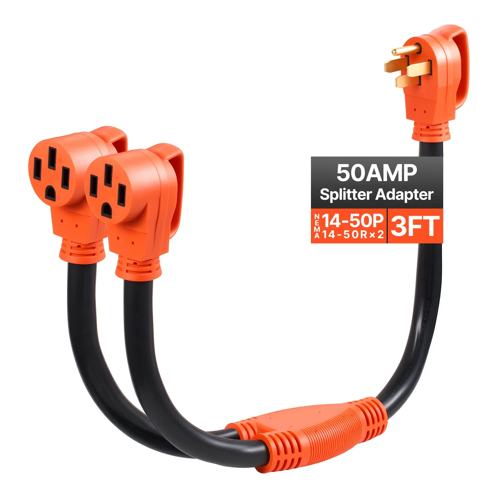 VEVOR Y Splitter Adapter Cord, 50 Amp NEMA 14-50, 4 Prong 240V Splitter for RV and EV, NEMA 14-50P to Dual 14-50R Outlets with Grip Handle, Heavy Duty 6/3+8/1 STW Wire, Outdoor RV Power Extension Cor