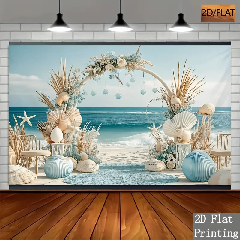 1pc 2D Flat Ocean Beach Theme Backdrop |   Polyester Seashell Arch Design - Realistic Coastal Background For Photography, Birthday Parties, Indoor/Outdoor Decor, Home Wall Art, Event Celebrations, High-Quality Print, Lightweight, Versatile Scenarios