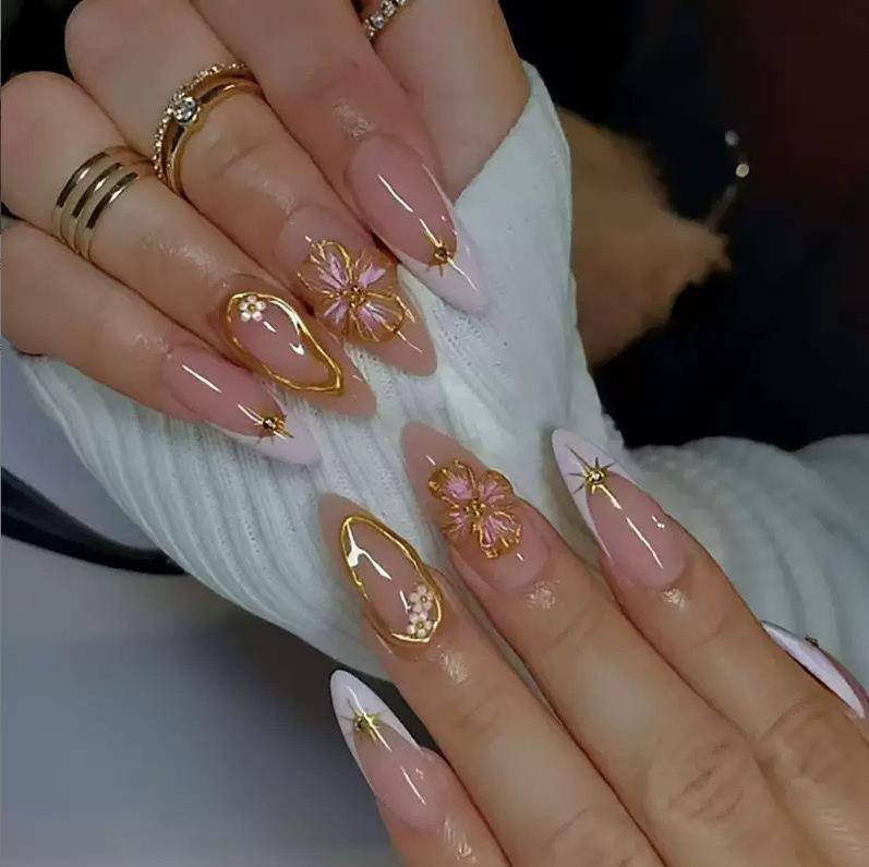 Cross-Border Hot-Selling Nail Tips with Glitter Diamonds Collection European and American Hot Girl Style White French Flower Long Wearable Nails Wholesale