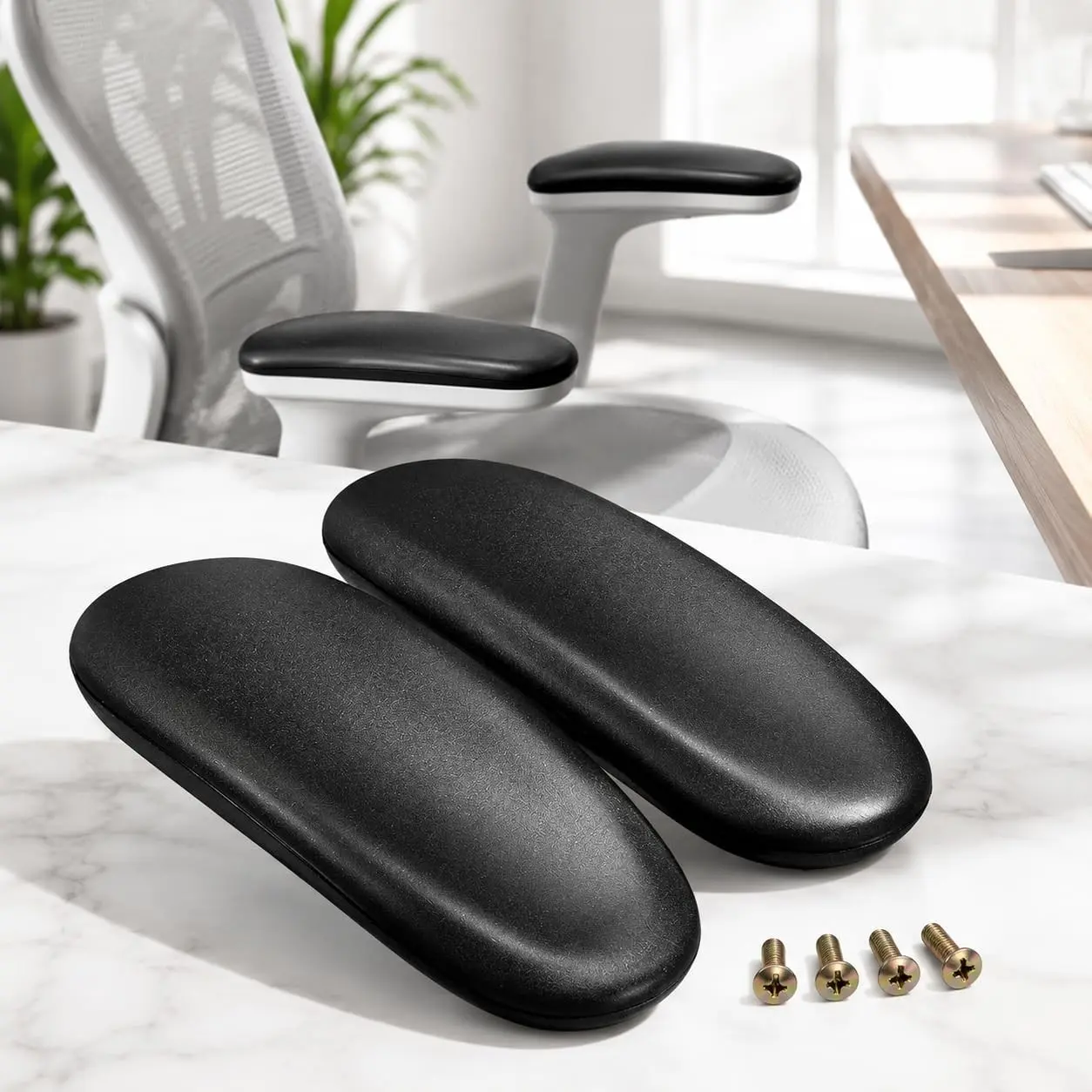 Office Chair ArmRest Replacement, Universal 4" Hole Spacing, 1 Pair, Black | Soft Polyurethane Surface for Comfortable Arm Support; Includes 4 Mounting Screws and Installs Easily on Desk Chairs