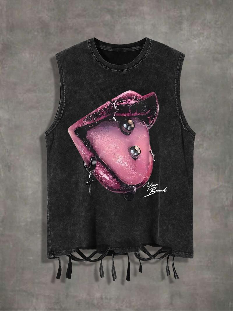 Men's Cartoon Lip Print Round Neck Tank Top, Regular Fit Street Fashion Casual Sleeveless Top for Summer, Men's Clothes for Daily Wear, Solid Sleeveless Menswear, Cotton Breathable Tank Tops, Streetwear Tank Vest