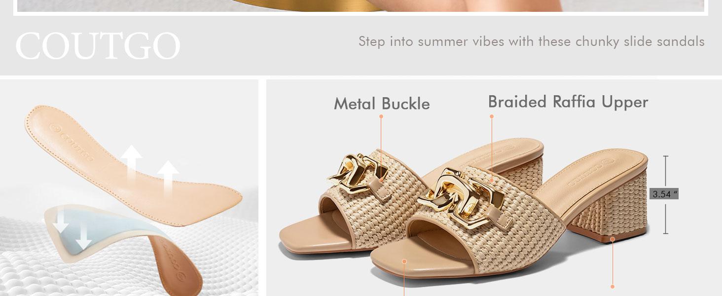 Coutgo Womens Raffia Slide Sandals Chunky Block Heeled Square Open Toe Metal Chain Slip on Mules Dressy Shoes