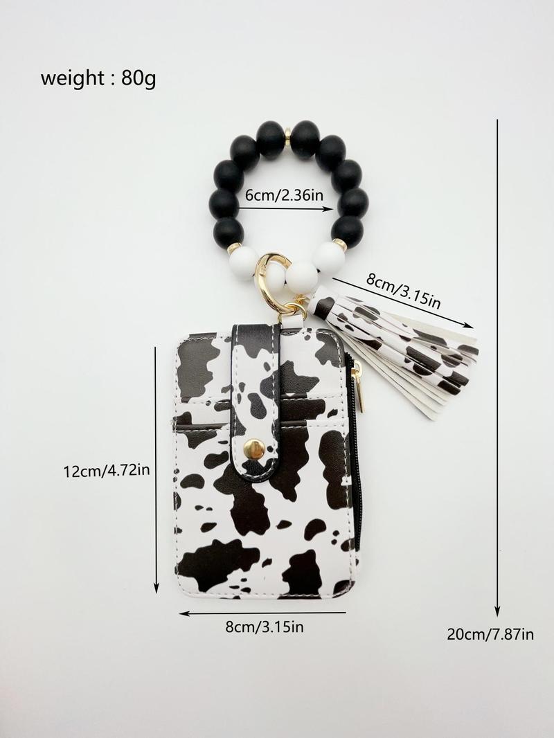 Fashion Leopard & Floral Pattern Beaded Wristlet Keychain, Boho Style Tassel Decorated Wallet Keychain for Women & Girls, Casual Trendy Accessories for Daily Use, Keychain Wristlet Strap