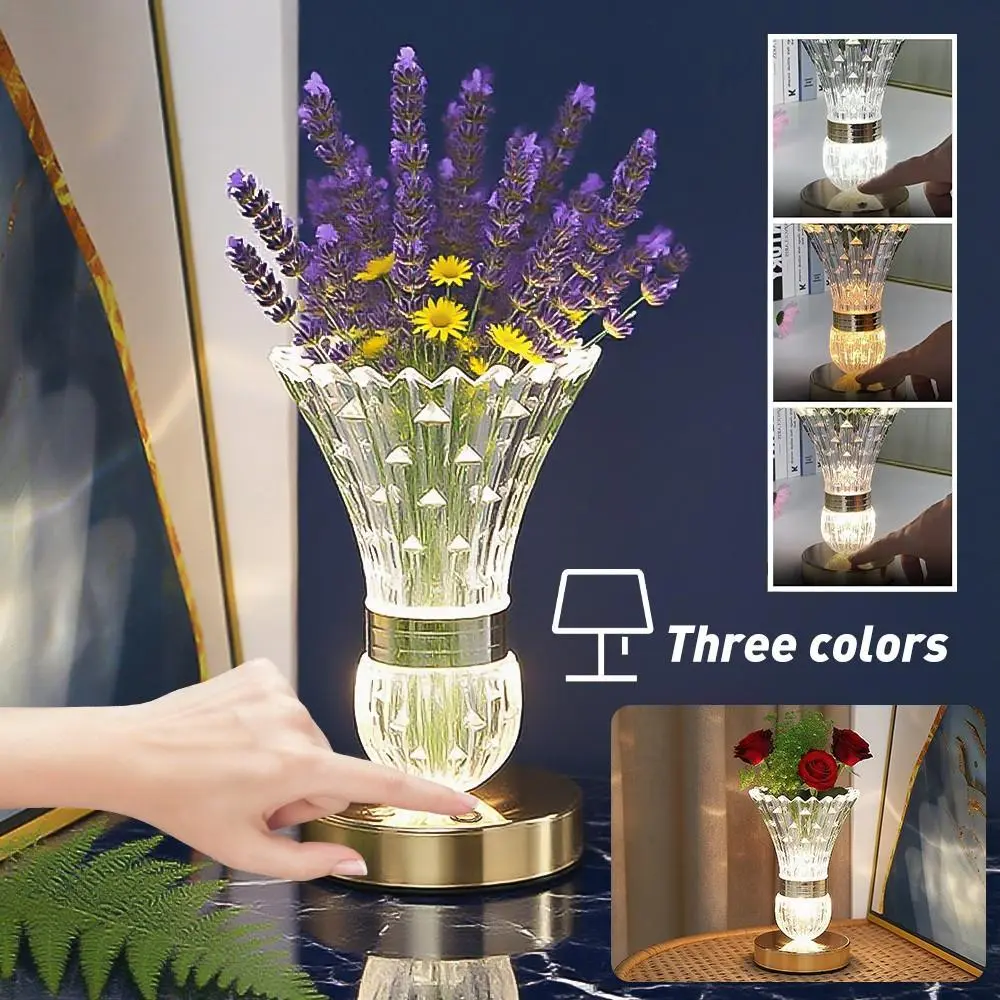 LED Crystal Table Lamp Vase Night Light USB Rechargeable Touch Dimmable 3 Color Bedside Atmosphere Lamp for Bedroom Living Room Decor#DealsForYouDays