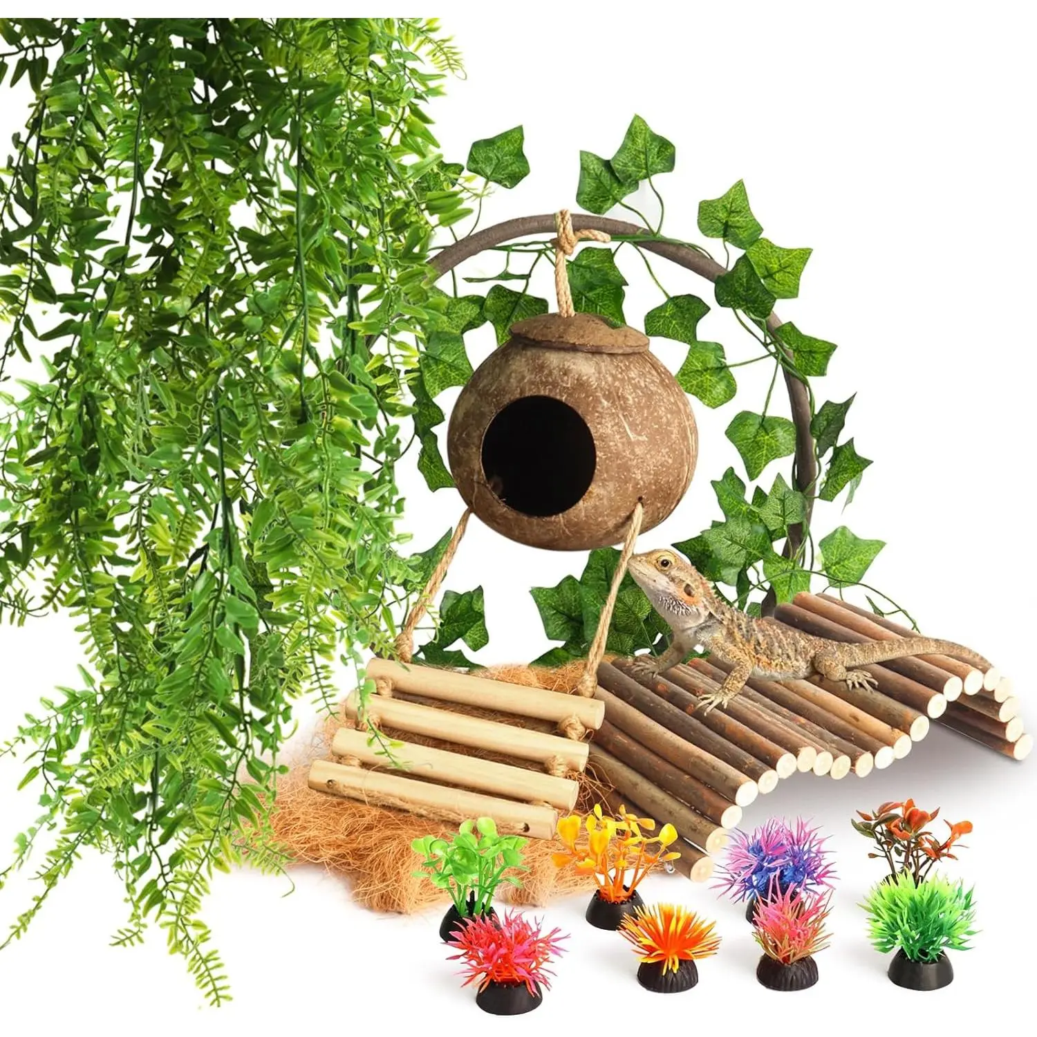 14 count Reptile  Bridge Vines Leopard Gecko Coconut Hut Crested Gecko  Accessories Lizard Coco Den with Ladder for Lizard, Chameleon Cage, Snakes, Hermit Crab