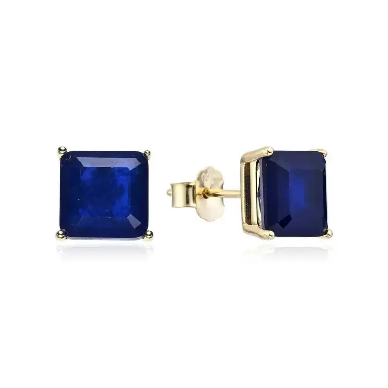 Square Stud Earrings - Artificial Zirconia, Blue Stones, Brass Colored Fashion Costume Jewelry Accessories, Blue Stones Earrings, Brass Colored Earrings